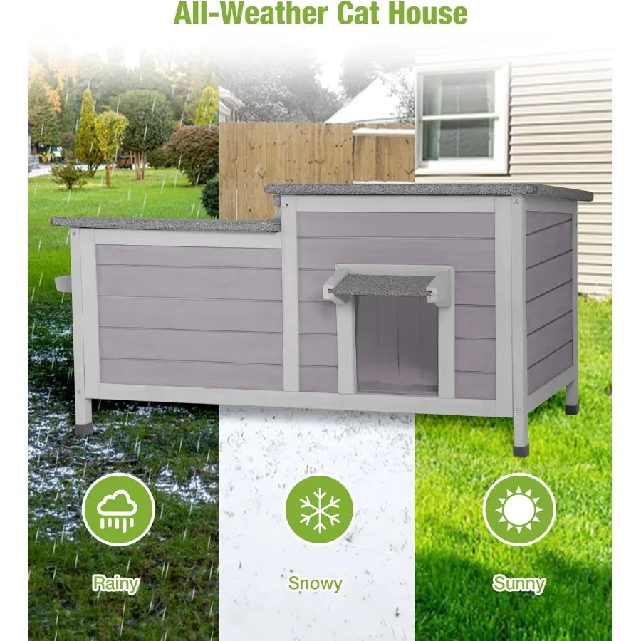 Weatherproof Large Outdoor Cat House – Openable Roof Feral Cat Shelter with Elevated Base & PVC Door - Bdba PK