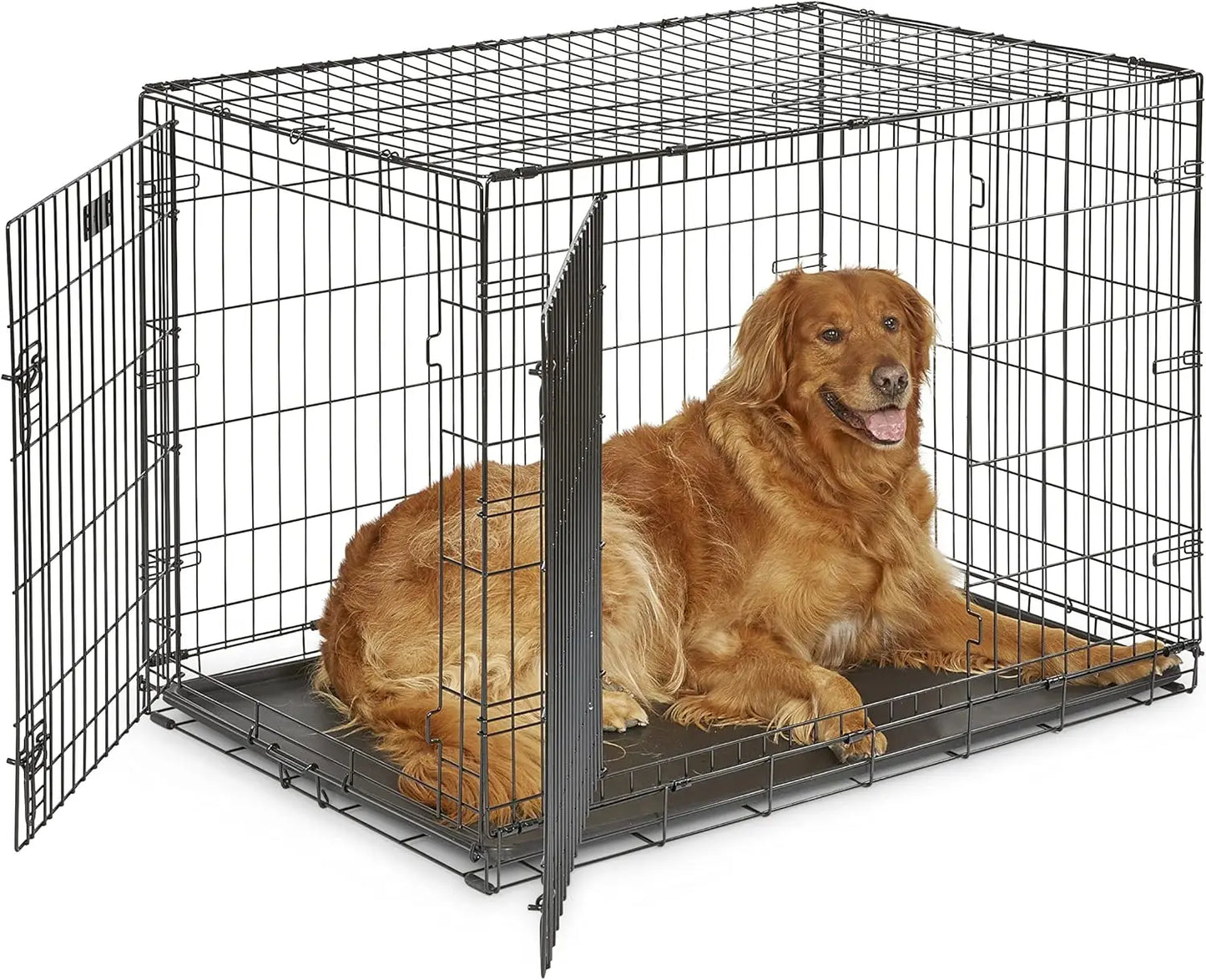 42-Inch Two-Door Folding Dog Crate with Divider, Leak-Proof Tray & Secure Latches – Metal Wire Kennel for Large Breeds – Portabl