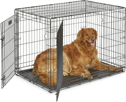 42-Inch Two-Door Folding Dog Crate with Divider, Leak-Proof Tray & Secure Latches – Metal Wire Kennel for Large Breeds – Portabl