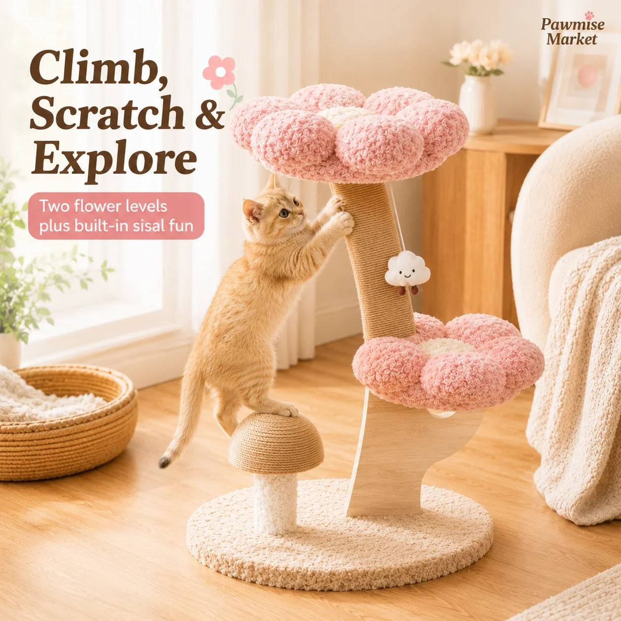 28.35-Inch Flower Cat Tree for Indoor Cats, 2-Tier Pink Plush Cat Tower with Sisal Scratching Post, Mushroom Scratcher and Hanging Cloud Toy, Compact Activity Center for Kittens and Small Cats