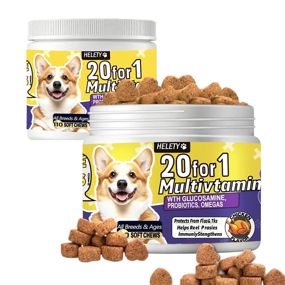 20-in-1 Dog Multivitamin Soft Chews Skin Coat Immune Gut Health Support Vitamins Minerals Omega-3 Iron Zinc Supplement for Dogs