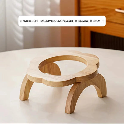 Pet Ceramic Bowl/Stainless Steel Bowl and Wooden Bowl Stand Set, Cat Bowl with Slightly Tilted Stand, Cat and Dog Supplies