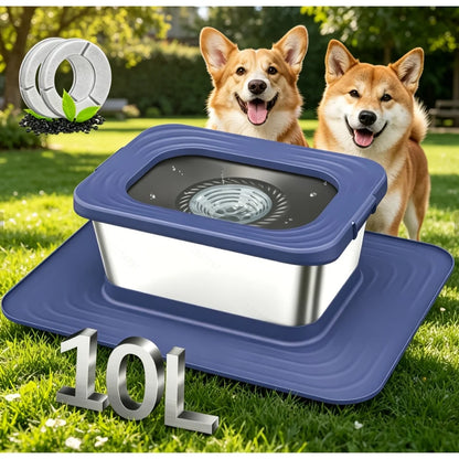 2.64gal Stainless Steel Dog Water Bowl, No Spill Anti-Splash Dog Bowls with XXL Mat, Spill-Proof Slow Feeder for Messy Drinkers, Heavy Duty Pet Bowls for Indoor/Outdoor Use, Black