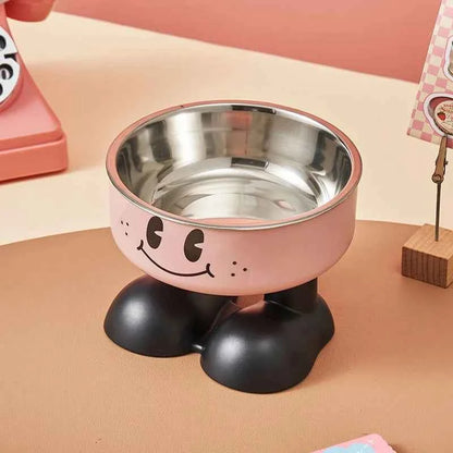 Pet Bowl A smiling face high-legged, fashionable stainless steel large-capacity dog bowl for feeding and water, neck-protectin