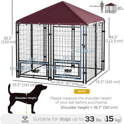 Outdoor Dog Kennel, 4.6x4.6x5 Feet, Rotating Bowls, Waterproof & UV-Resistant Cover, Suitable for S&M Breeds, Poultry
