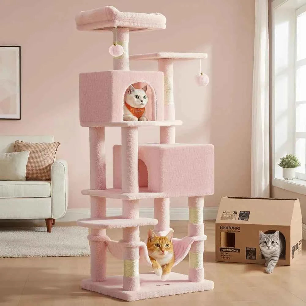 Tall Multi Level Cat Tree Condo with Scratching Posts Perches Caves Hammock and Toys