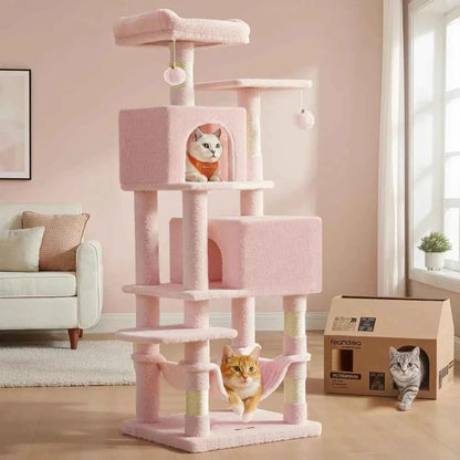 Tall Multi Level Cat Tree Condo with Scratching Posts Perches Caves Hammock and Toys