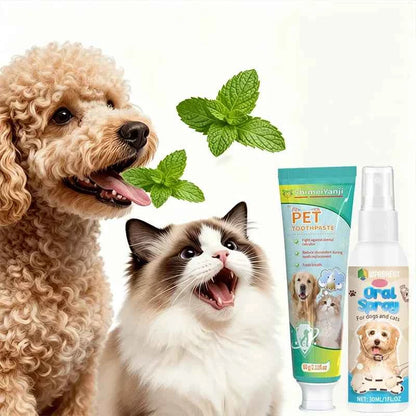 Pet cleaning toothpaste and mouth spray, suitable for cats and dogs, removes tartar, cleans pet teeth, easy to use.