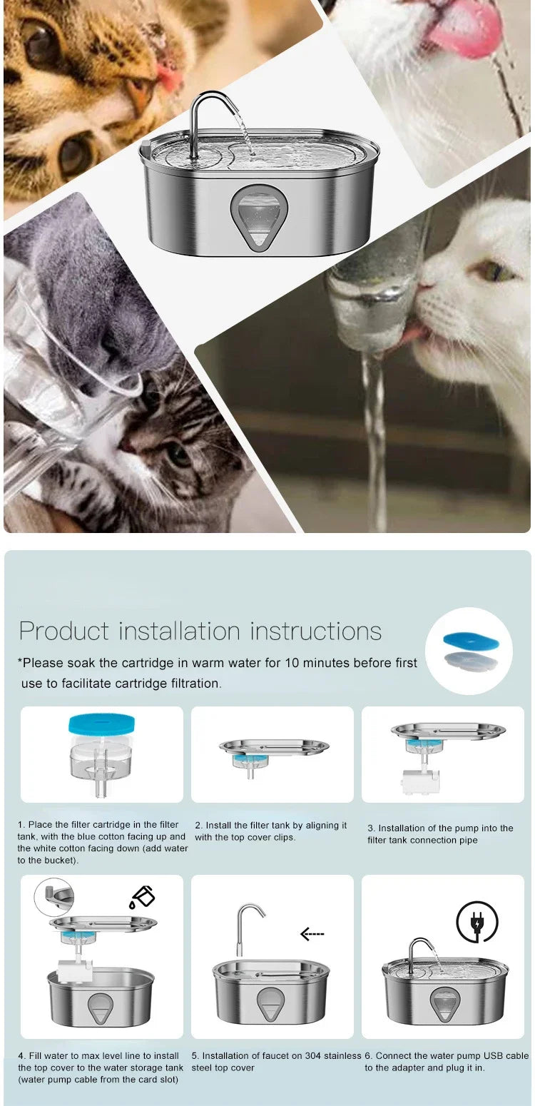 3.5L Stainless Steel Cat Water Fountain with Water Level Window Pet Fountain Cat Dog Water Dispenser for Multiple Cats Fountain - Bdba PK