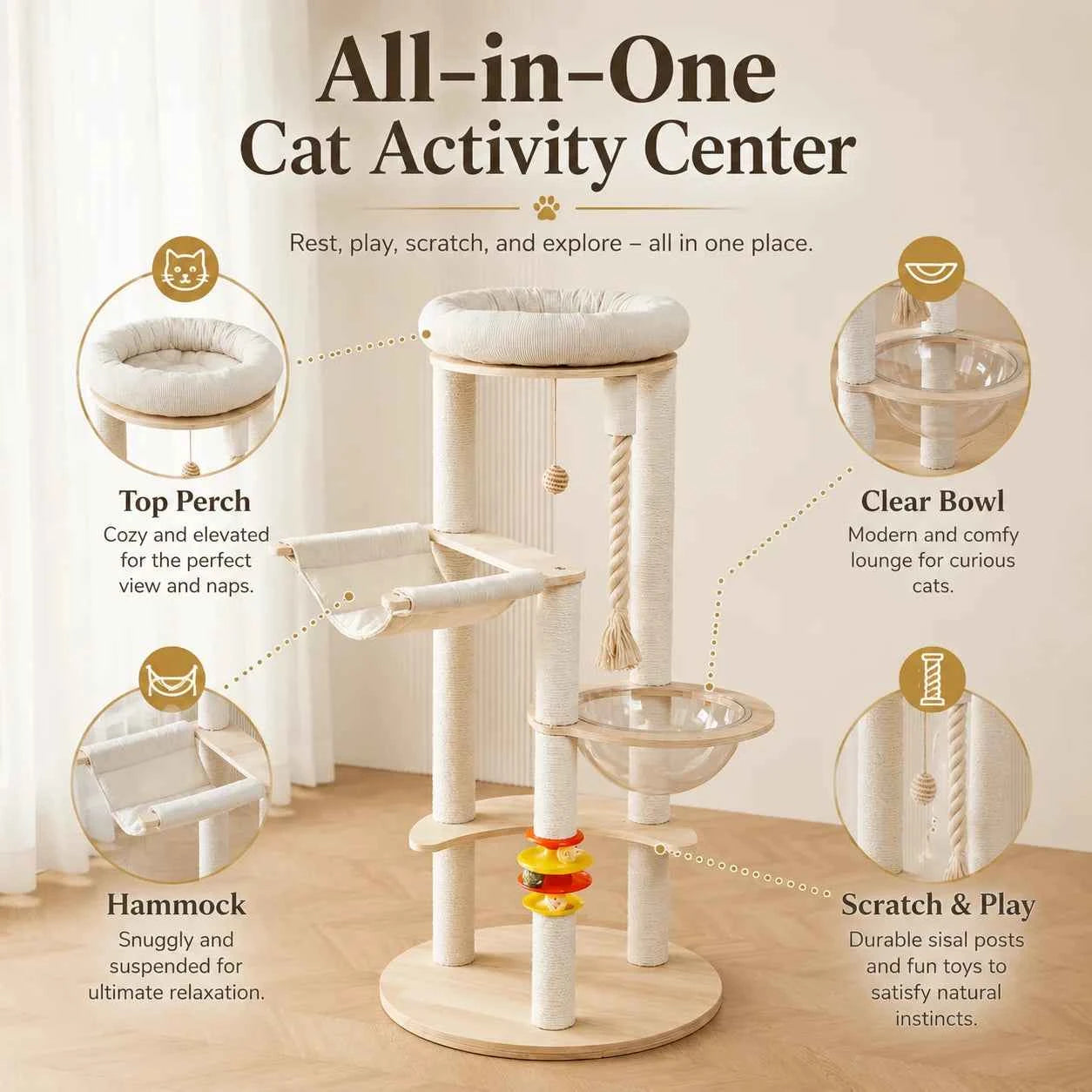 Multi-Functional Cat Tree Tower with Space Capsule, Hanging Ball, Scratching Posts, and Soft Condo - Sturdy Wooden Design for Kittens and Adult Cats, Cat Tree Tower
