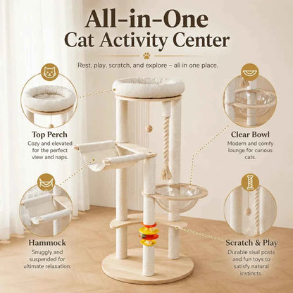 Multi-Functional Cat Tree Tower with Space Capsule, Hanging Ball, Scratching Posts, and Soft Condo - Sturdy Wooden Design for Kittens and Adult Cats, Cat Tree Tower