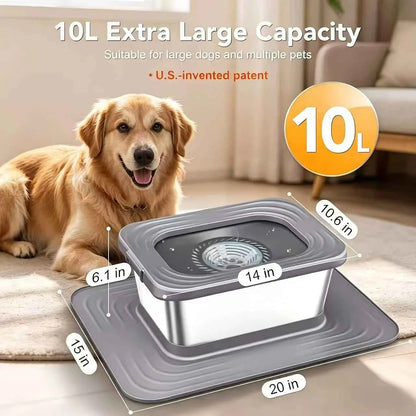 2.64gal Stainless Steel Dog Water Bowl, No Spill Anti-Splash Dog Bowls with XXL Mat, Spill-Proof Slow Feeder for Messy Drinkers, Heavy Duty Pet Bowls for Indoor/Outdoor Use, Black