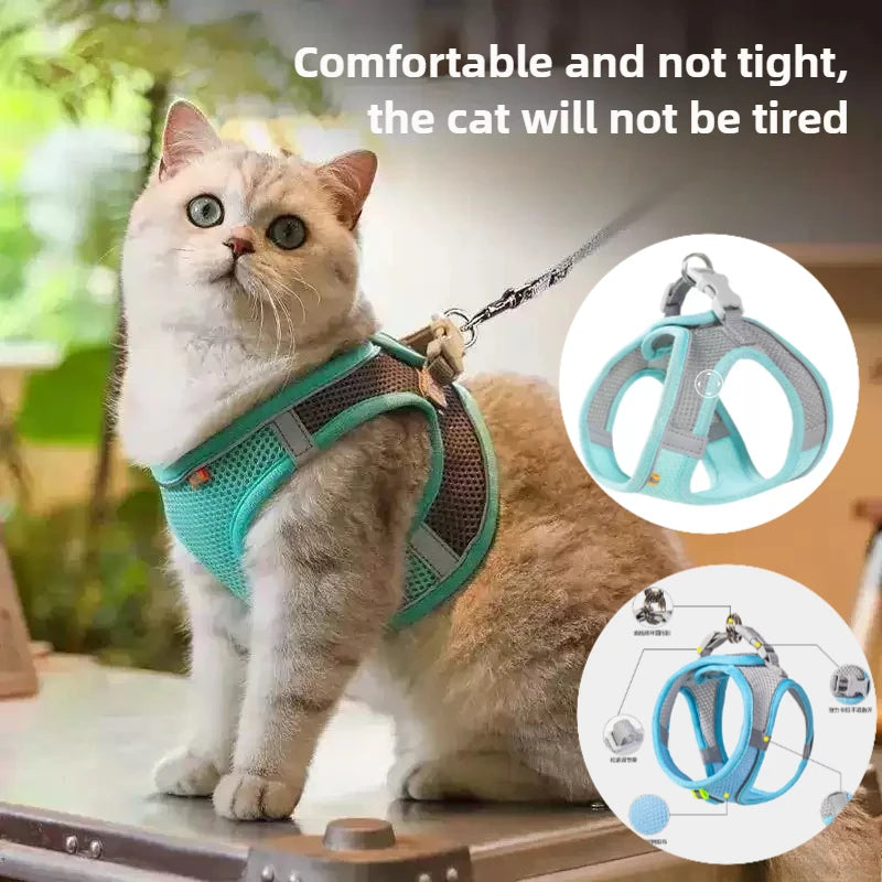 Pet Things Cat Accessories Cute Adjustable Cat Collar and Leash Set for Walking Safe Reflective Soft Comfortable Vest - Bdba PK