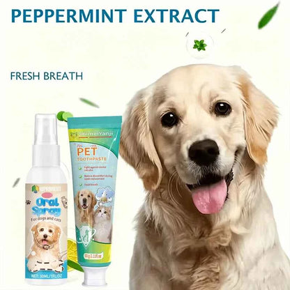 Pet cleaning toothpaste and mouth spray, suitable for cats and dogs, removes tartar, cleans pet teeth, easy to use.