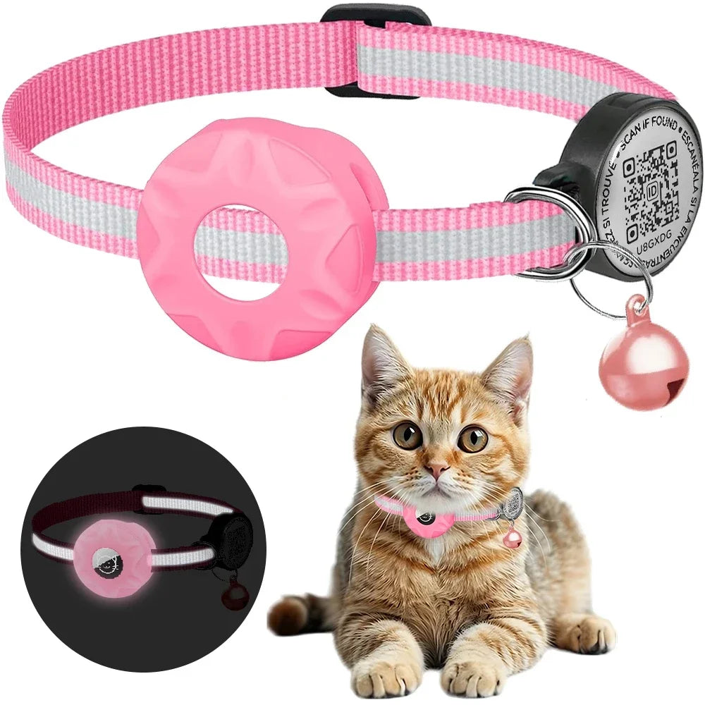 GPS Cat Collar with AirTag Holder, QR ID Tag & Bell – Reflective Anti-Lost Tracker Collar (Pink, Purple, Blue) - Bdba PK