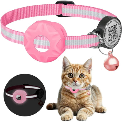 GPS Cat Collar with AirTag Holder, QR ID Tag & Bell – Reflective Anti-Lost Tracker Collar (Pink, Purple, Blue) - Bdba PK