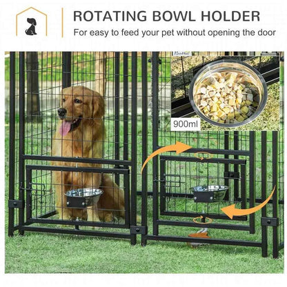 Outdoor Dog Kennel, 4.6x4.6x5 Feet, Rotating Bowls, Waterproof & UV-Resistant Cover, Suitable for S&M Breeds, Poultry