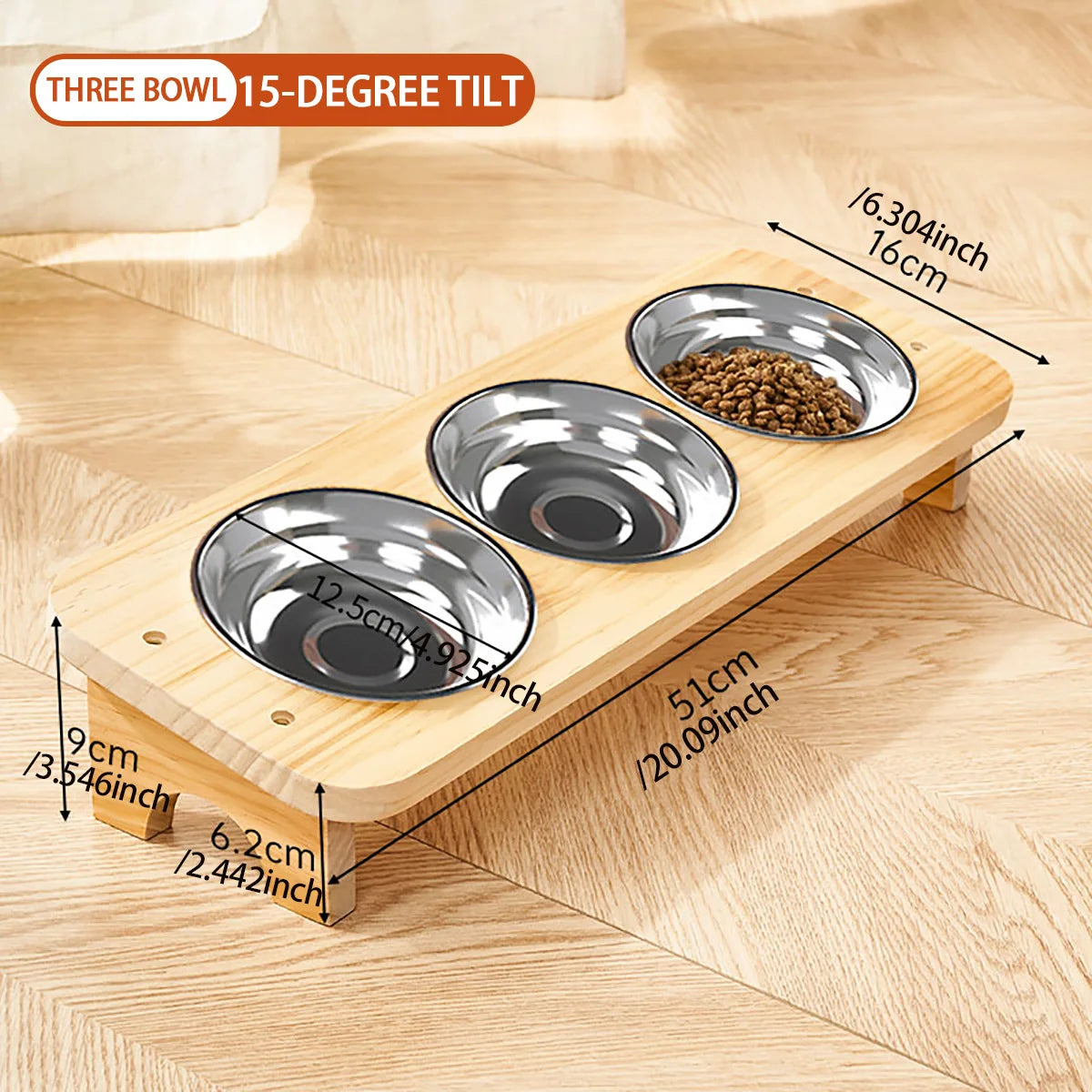 Pet Ceramic Bowl/Stainless Steel Bowl and Wooden Bowl Stand Set, Cat Bowl with Slightly Tilted Stand, Cat and Dog Supplies