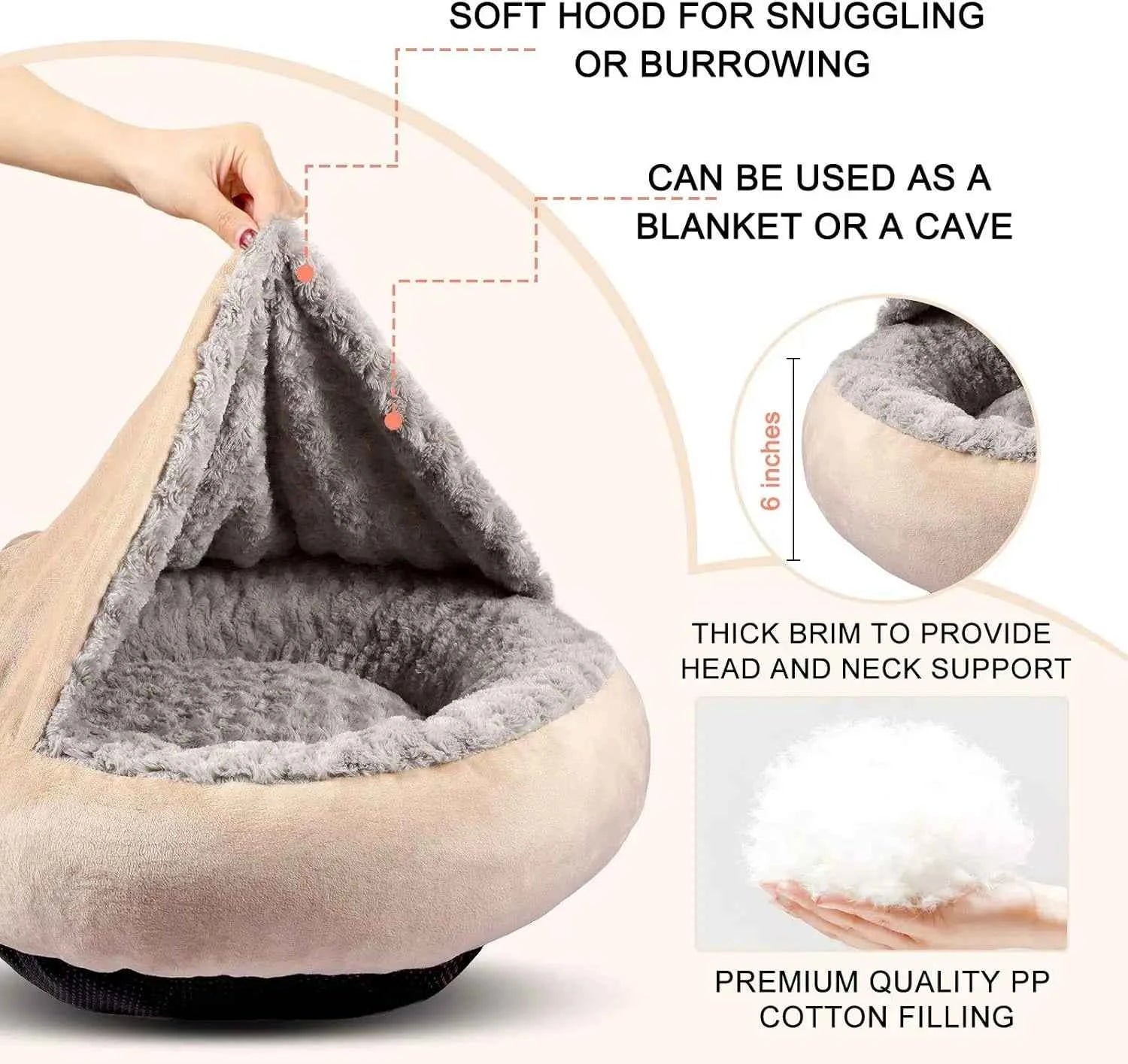 23" Donut Pet Bed with Hooded Blanket, Anti-Anxiety Burrow Cave, Cozy Machine Washable, for Small Dogs & Cats up to 20lbs