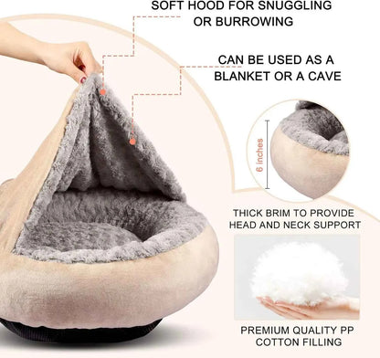 23" Donut Pet Bed with Hooded Blanket, Anti-Anxiety Burrow Cave, Cozy Machine Washable, for Small Dogs & Cats up to 20lbs