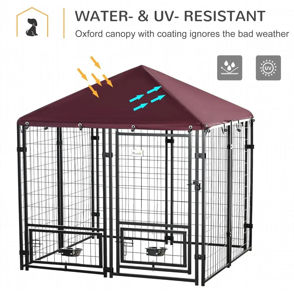 Outdoor Dog Kennel, 4.6x4.6x5 Feet, Rotating Bowls, Waterproof & UV-Resistant Cover, Suitable for S&M Breeds, Poultry