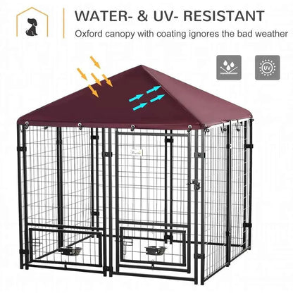 Outdoor Dog Kennel, 4.6x4.6x5 Feet, Rotating Bowls, Waterproof & UV-Resistant Cover, Suitable for S&M Breeds, Poultry