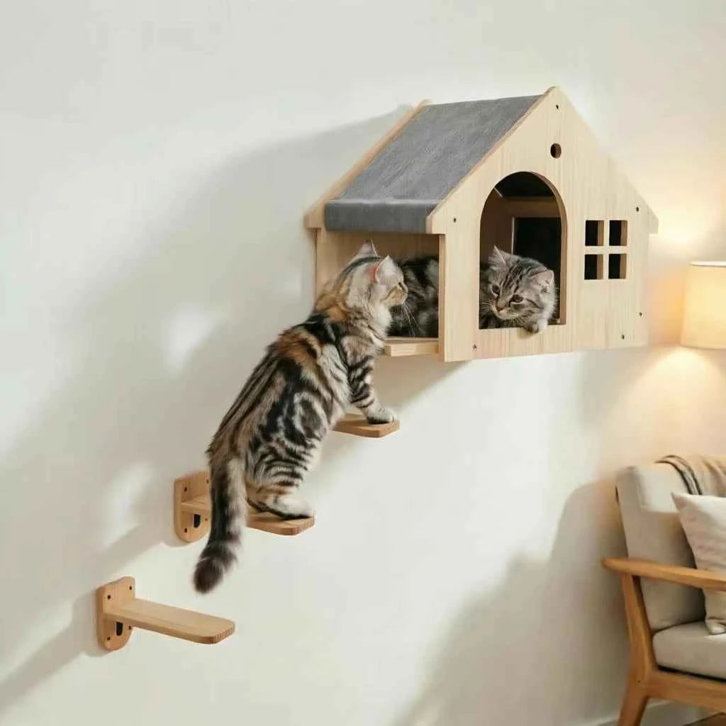 1pc Wall Mounted Cat Condo Villa Wooden Cats Climbing Floating Shelf Kitten House Wall Furniture for Sleeping and Resting