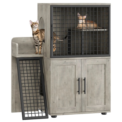 HiMISS Cat Litter Box Enclosure with Platform – Double Layer Hidden Furniture Washroom with Ladder - Bdba PK