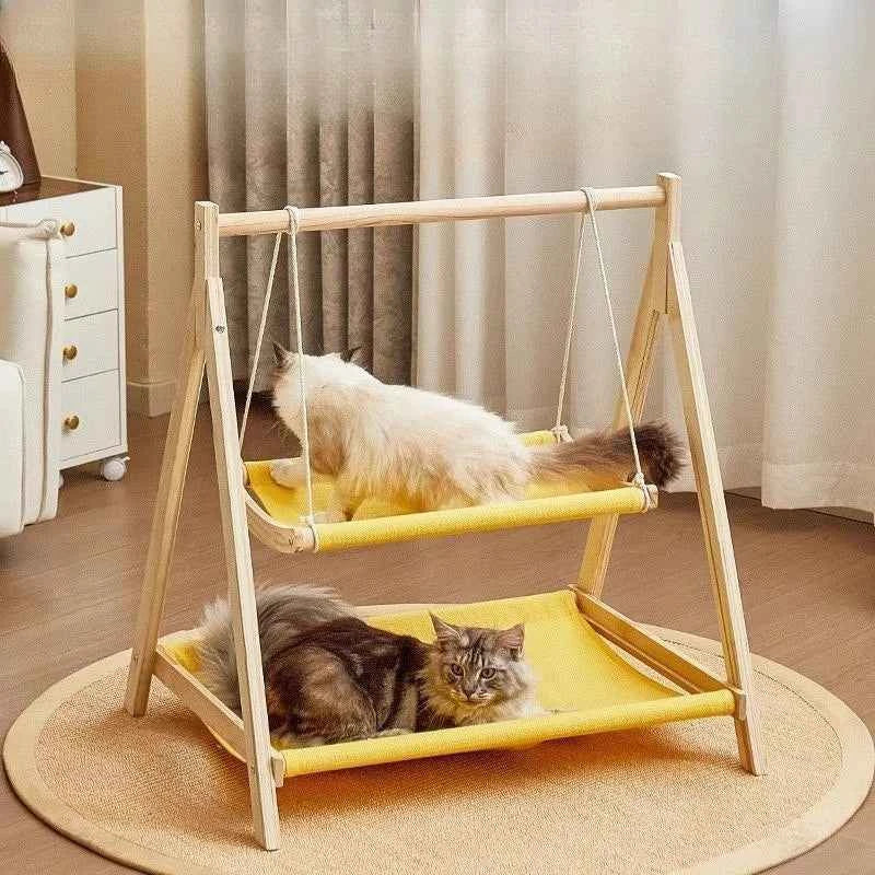 Double Layer Cat Hammock Bed with Wooden Frame All Season Pet Swing for Cats