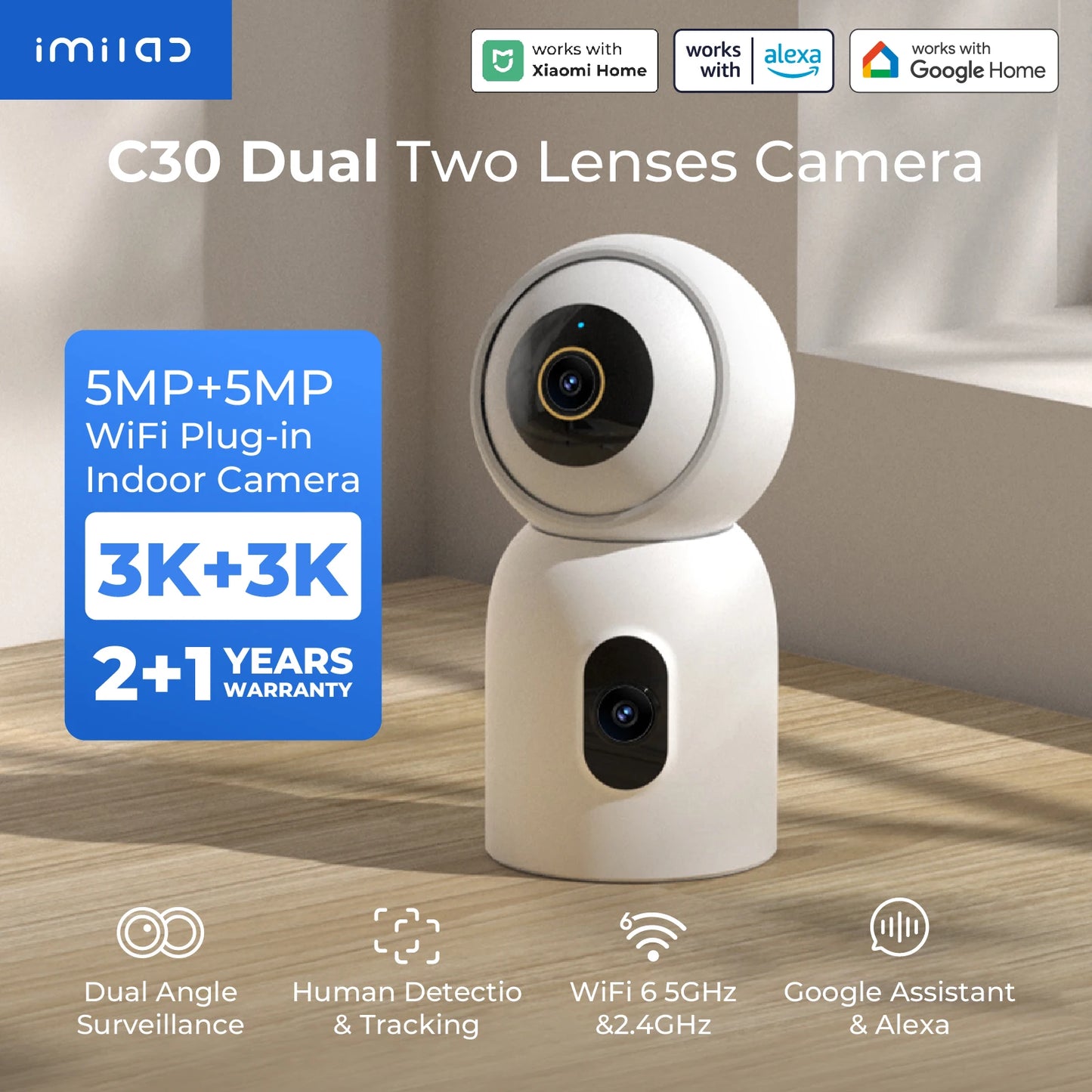 IMILAB New Indoor Camera C30 Dual 3K Lens WiFi 6 5G 360° PTZ Local AI Detection for Baby/Pet/Noise Night Vision Human Tracking