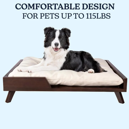 Elevated Dog Bed 36 x 29.5 Indoor Pet Bed with Frame and Soft Cushion Designed for Medium to Large Pets Mid-Century Modern Wood