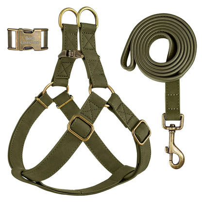 Free Personalized Dog Harness Leash Set PU Leather Dogs Harness Engraved ID Buckle Necklace for Small Medium Large Dogs Pitbull