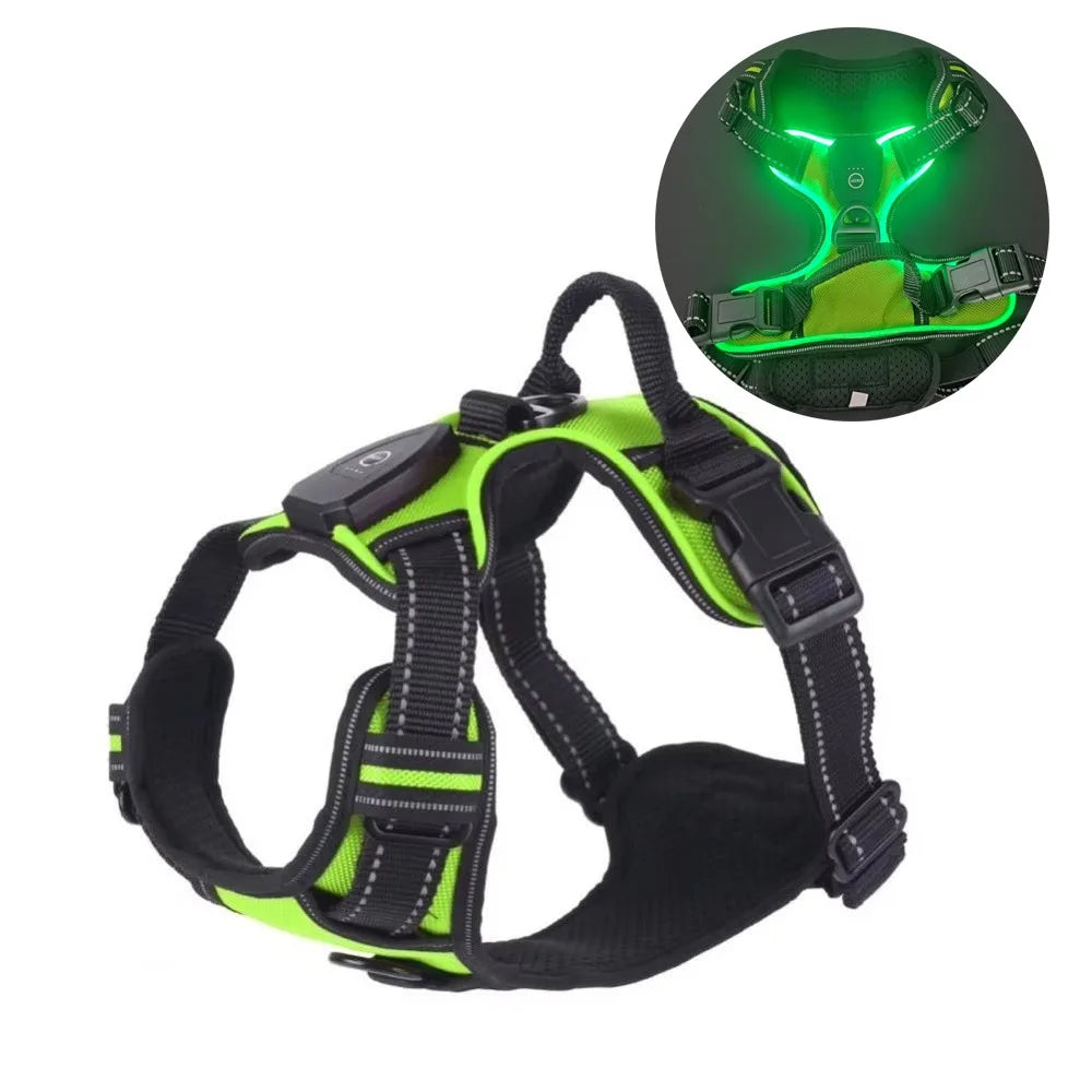 Durable Light Up LED Dog Harness Adjustable Flashing Luminous Pet Chest Strap Padded Collar Soft Dog Glow Vest for Night Walking