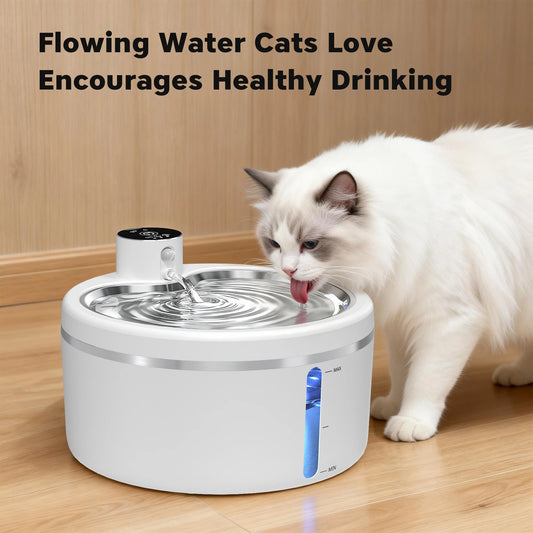 Wireless Cat Water Fountain 2.5L Stainless Steel Pet Drinking Dispenser Smart Sensor Auto Circulating Filter 4000mAh LED Display - Bdba PK