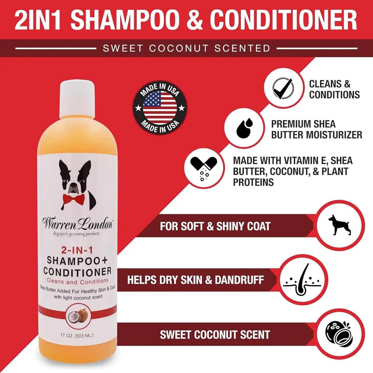 2-in-1 Pet Shampoo & Conditioner for Dogs & Cats | Soothes Dry Itchy Skin | Dandruff Control | 17oz | Made in USA - Bdba PK