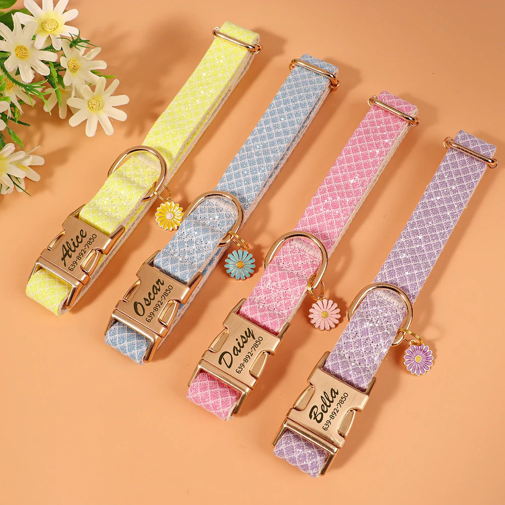 Bling Nylon Custom Dog Collar Cute Flower Tag Dog Collars Engraving Pet Name ID Buckle Necklace For Small Large Dogs Chihuahua