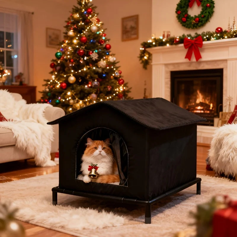 Foil-Insulated Outdoor Cat House with Shelf & Cushion – Waterproof Stray Cat Winter Shelter (33×33×33cm) - Bdba PK