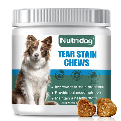 NUTRIDOG Dog Tear Stain Chews Cranberry Vitamins Omega-3 Improve Tear Stains Support Eye Health 120 PCS/Bottle