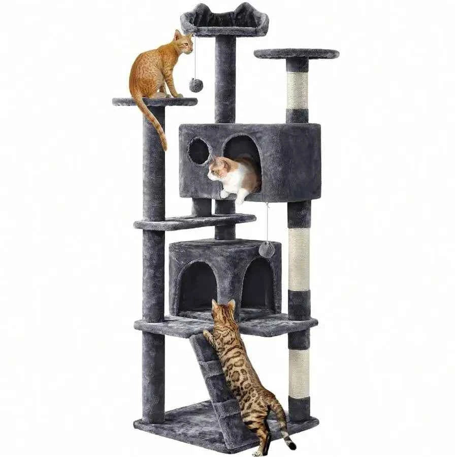 54 Inch Multi-Level Cat Tree With 2 Cozy Caves, Scratching Posts, Climbing Ramp, And Plush Balls, Dark Gray
