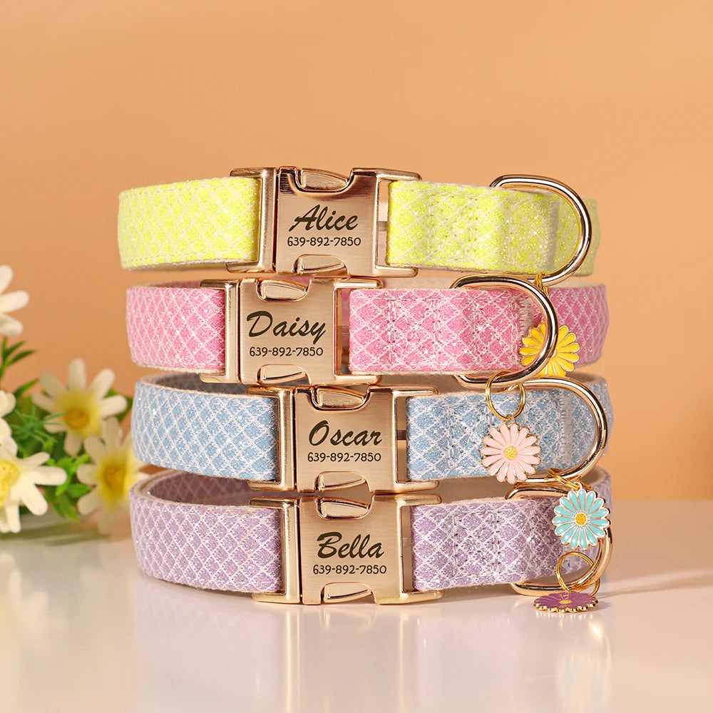 Bling Nylon Custom Dog Collar Cute Flower Tag Dog Collars Engraving Pet Name ID Buckle Necklace For Small Large Dogs Chihuahua