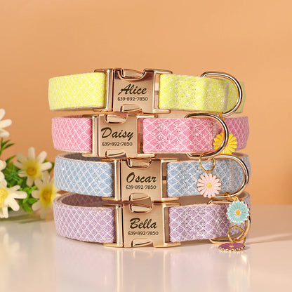 Bling Nylon Custom Dog Collar Cute Flower Tag Dog Collars Engraving Pet Name ID Buckle Necklace For Small Large Dogs Chihuahua
