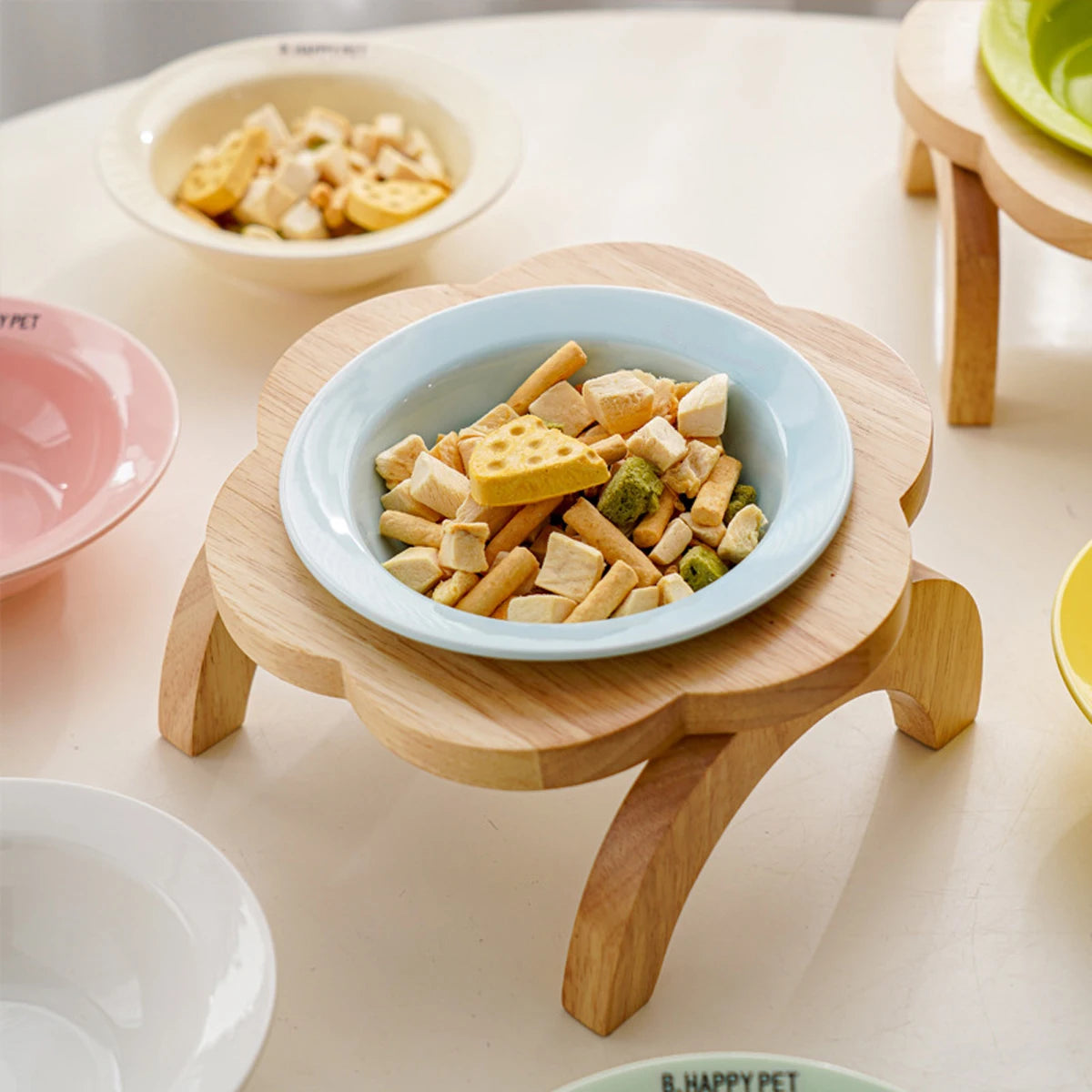 Pet Ceramic Bowl/Stainless Steel Bowl and Wooden Bowl Stand Set, Cat Bowl with Slightly Tilted Stand, Cat and Dog Supplies