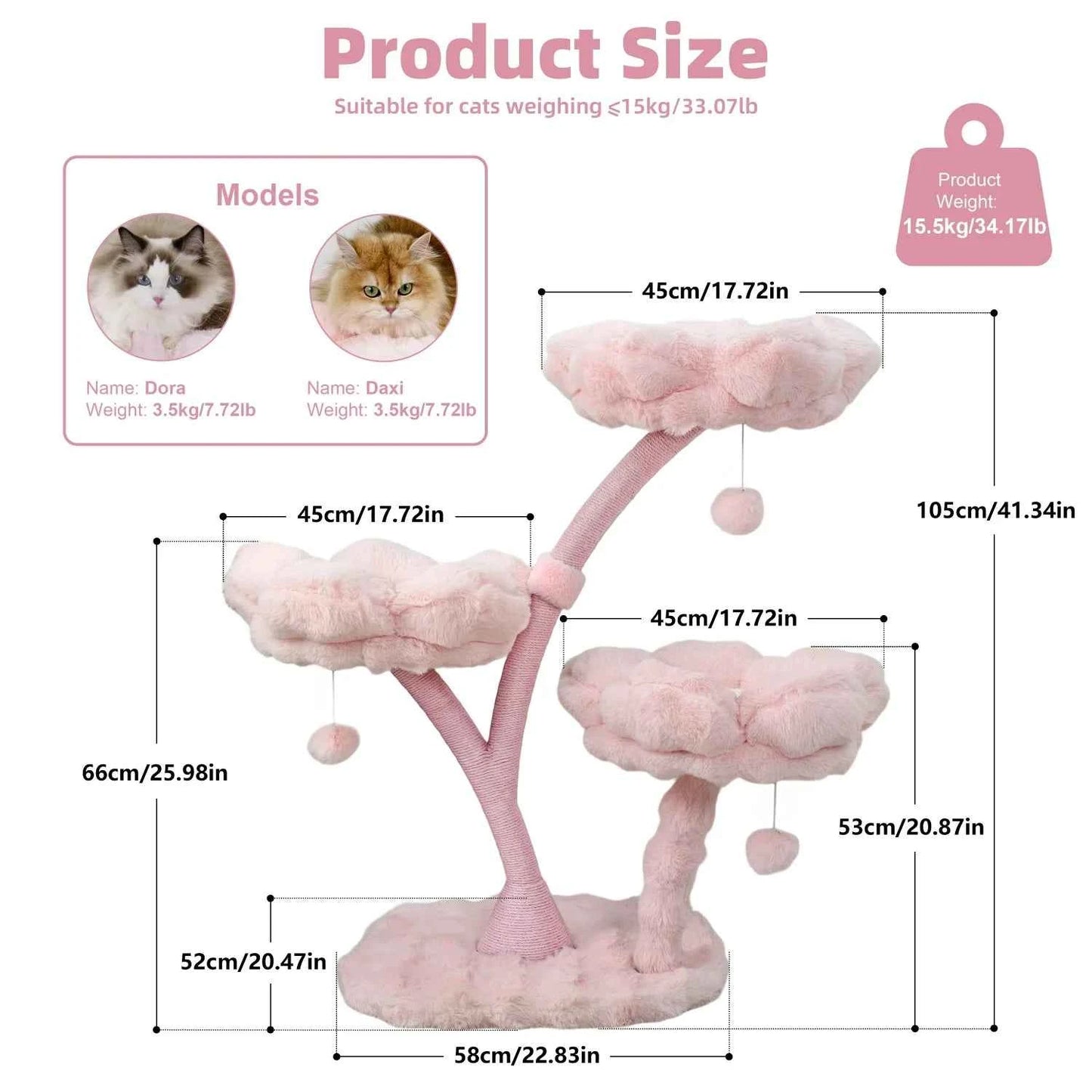 105cm Tall Cat Tree Pink Vertical Cat Tower Activity Center for Cats Cushioned Flower Platforms, Dangling Ball Scratching Posts Pet House Furniture