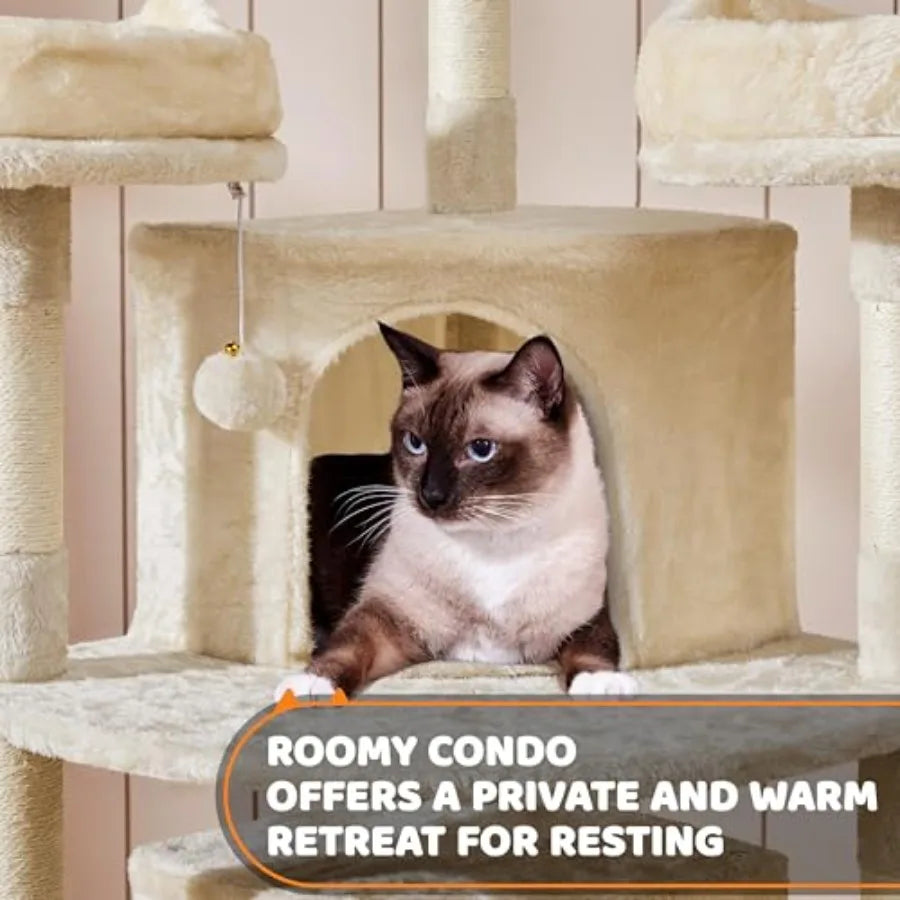 69in Large Cat Tree Tower, 2 Condos, Sisal Posts and Cat-Ear Perch Sturdy anti-wobble base, soft basket, climbing ramp, easy as
