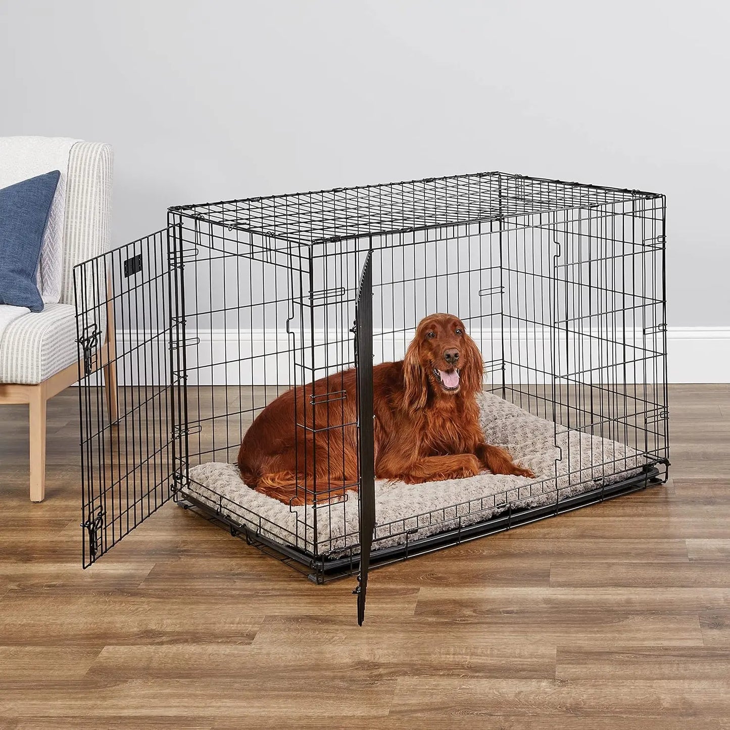 42-Inch Two-Door Folding Dog Crate with Divider, Leak-Proof Tray & Secure Latches – Metal Wire Kennel for Large Breeds – Portabl