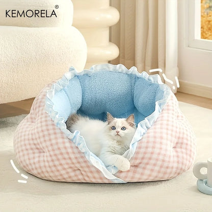 KEMORELA Cozy Semi-Closed Lace Pet Nest with Thickened Warmth, Winter Design Machine Washable, for Small Dogs & Cats,Cat Shelter