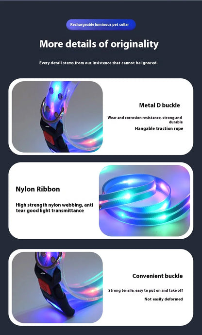Dog Colorful Led Dog Luminous Collar Rechargeable Luminous Dog Rope Nylon Pvc Wrapped Tape Pet Luminous Collar