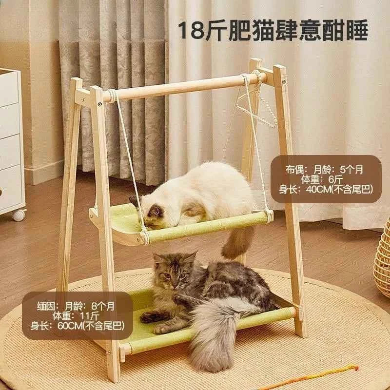 Double Layer Cat Hammock Bed with Wooden Frame All Season Pet Swing for Cats