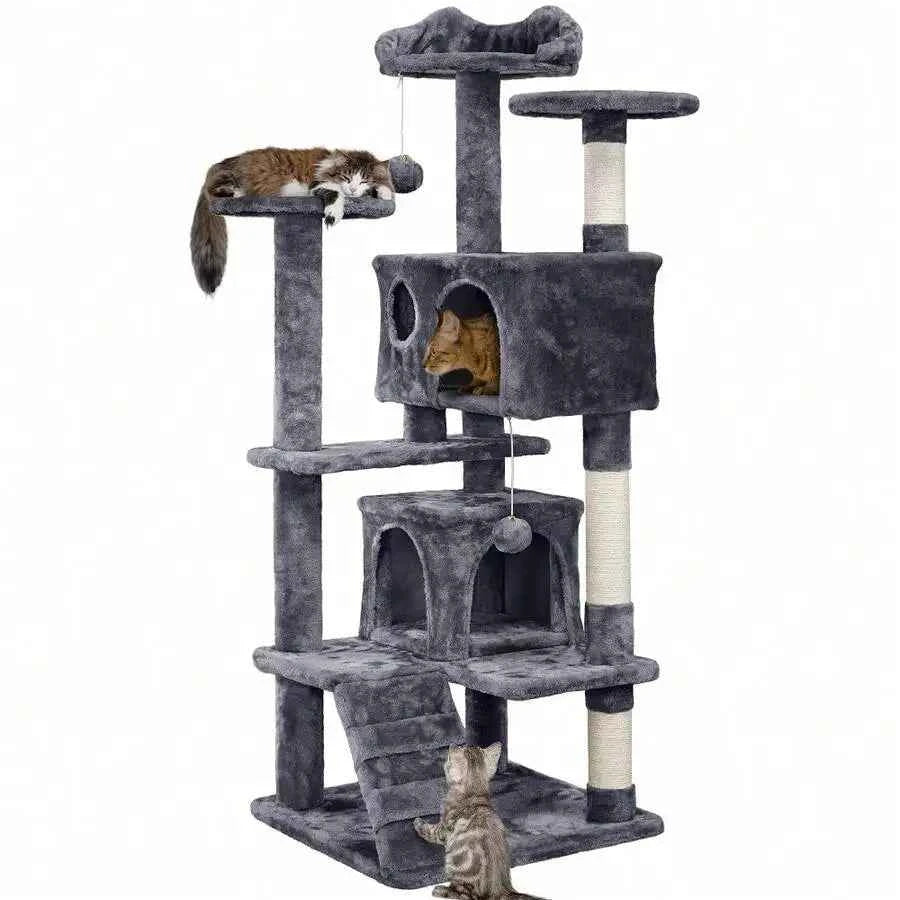 54 Inch Multi-Level Cat Tree With 2 Cozy Caves, Scratching Posts, Climbing Ramp, And Plush Balls, Dark Gray