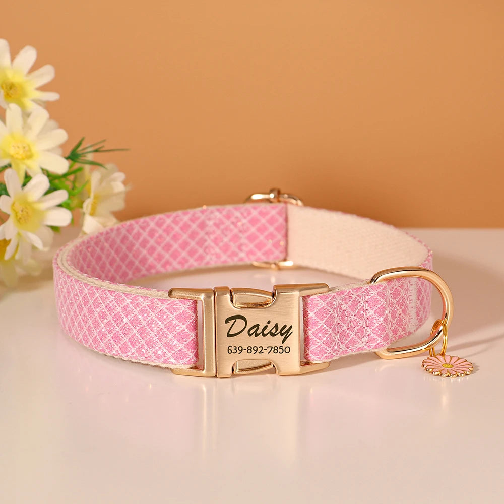 Bling Nylon Custom Dog Collar Cute Flower Tag Dog Collars Engraving Pet Name ID Buckle Necklace For Small Large Dogs Chihuahua